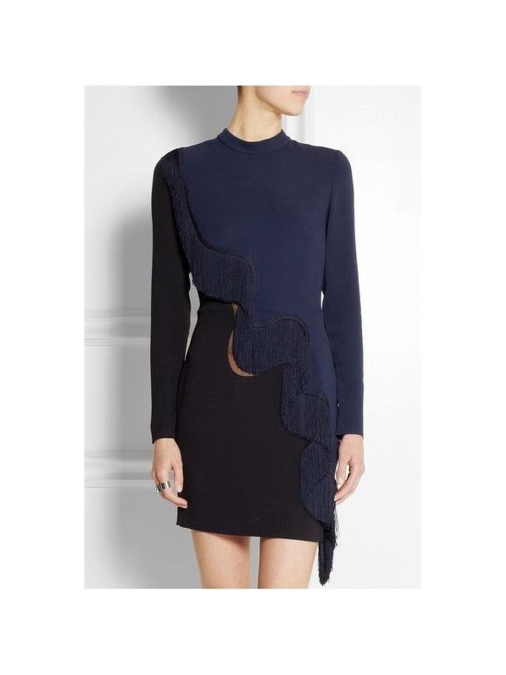 Stella McCartney Alba Fringe Navy and Black Long-Sleeve Fringe Detail Mini Dress